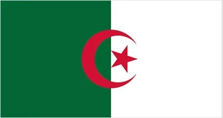 Country flag of Algeria featuring a green left, and white right, field with a red crescent and star centered over the boundary between the colours.